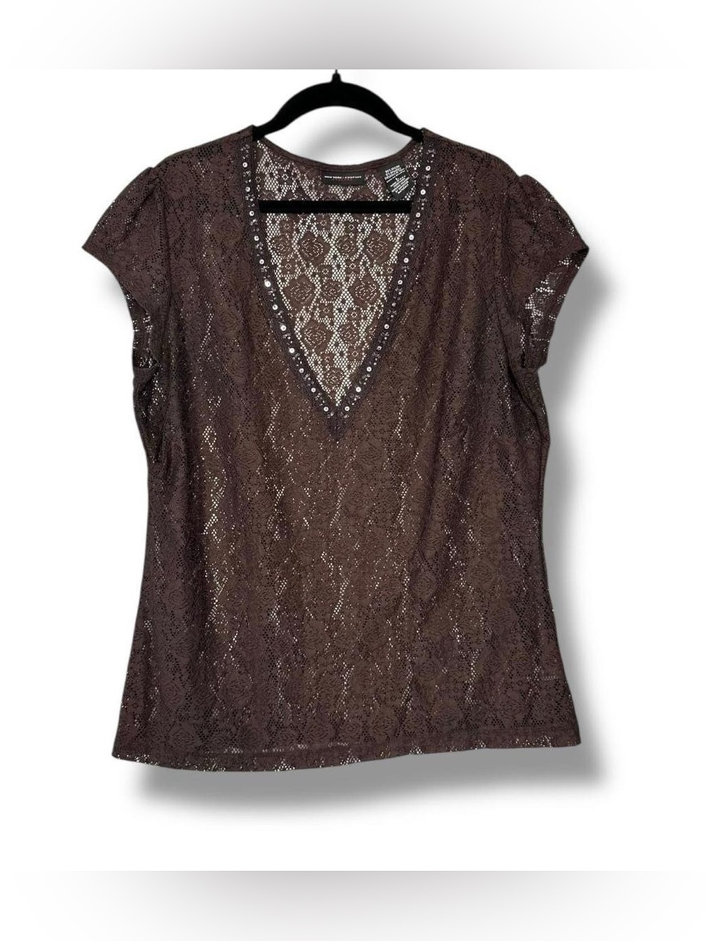 Y2K New York & Co Sheer Brown Lace Mesh Beaded Sequin V Neck Short Sleeve Top Lg